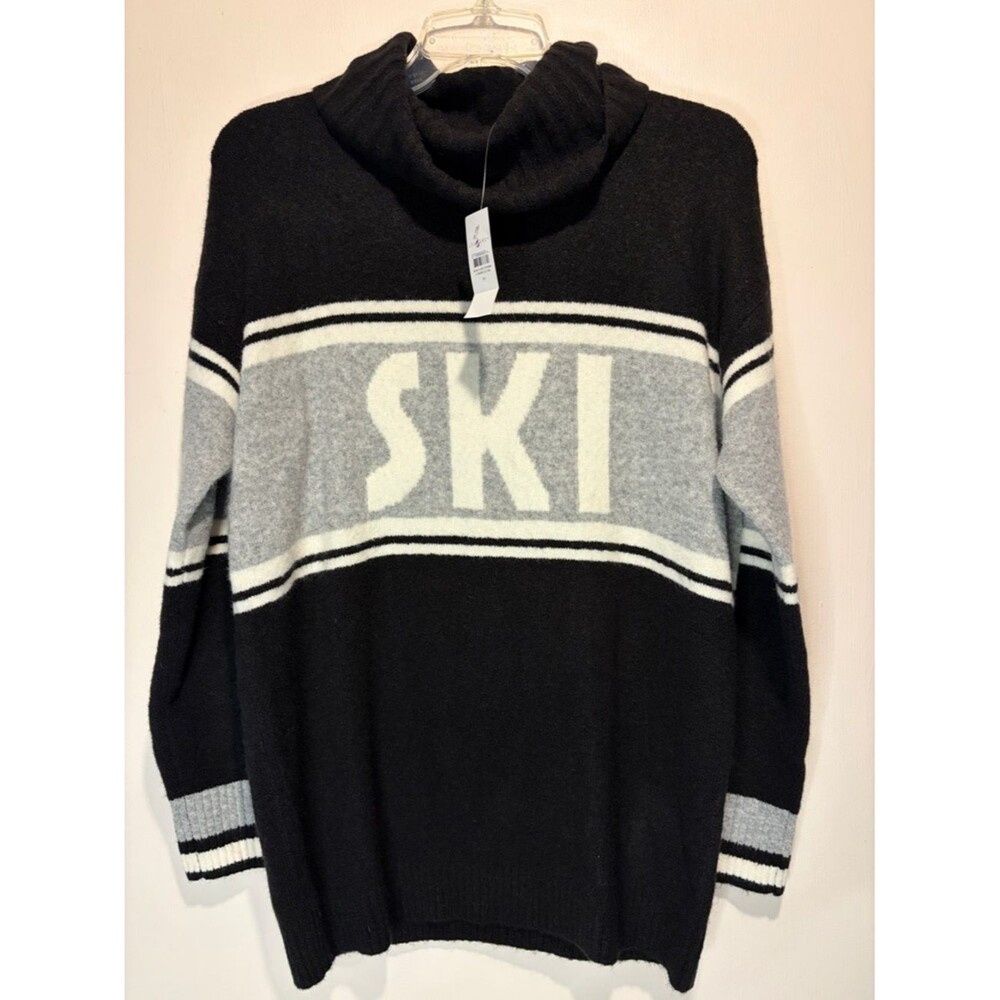 Lou & Grey NWT SKI Spellout Turtleneck Wool Blend Sweater Black White Size M